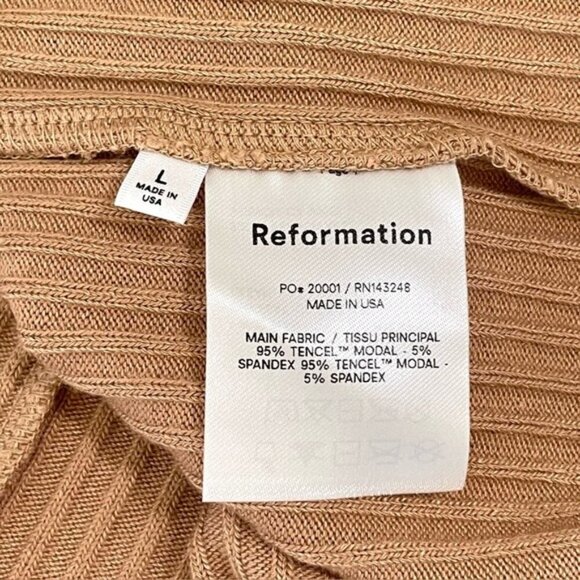 Reformation Wednesday Dress Midi Camel Tan Ribbed Long Sleeve Stretch Large - Picture 11 of 11